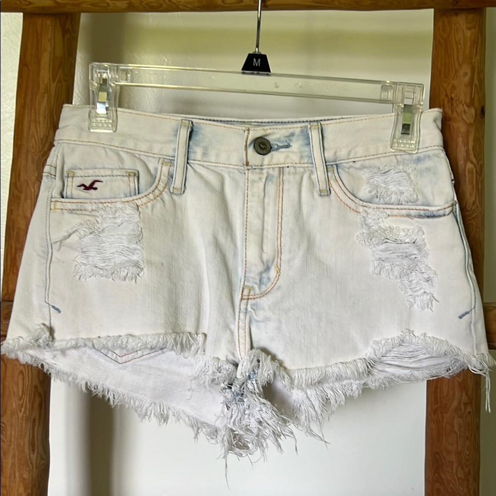Hollister White/Acid Wash Distressed Jean Shorts